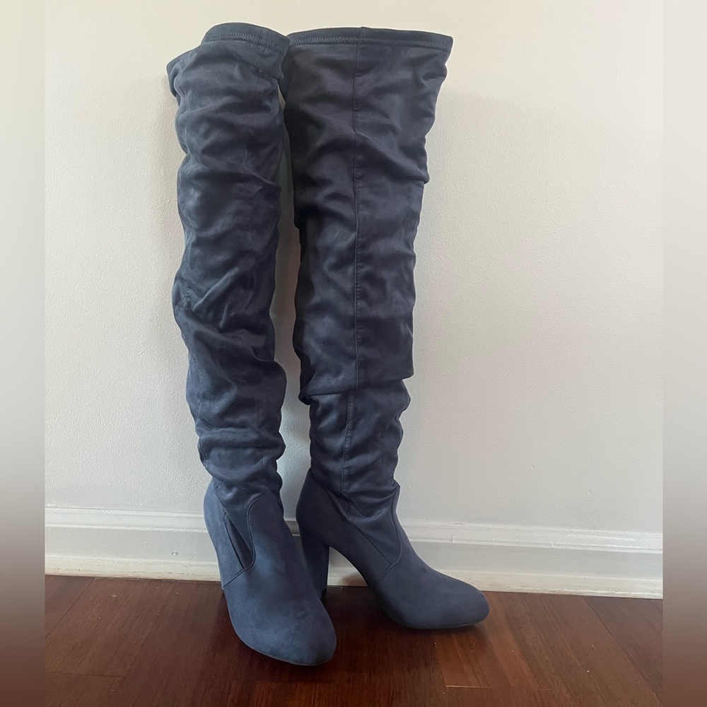 Blue/Gray Over the Knee Velvet Boots (4”)